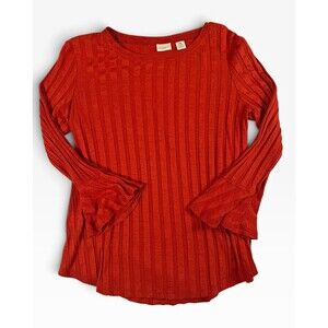 Westbound Petites Women PS Rust Orange Ribbed Bell Sleeve Stretch Top For Fall